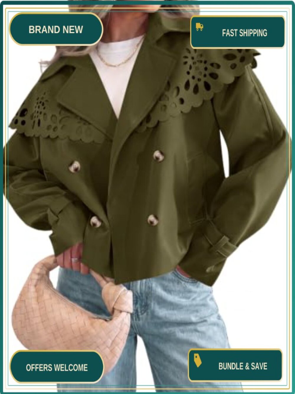 Women Cropped Trench Coat Oversized Cape Hollow Shoulder Jacket